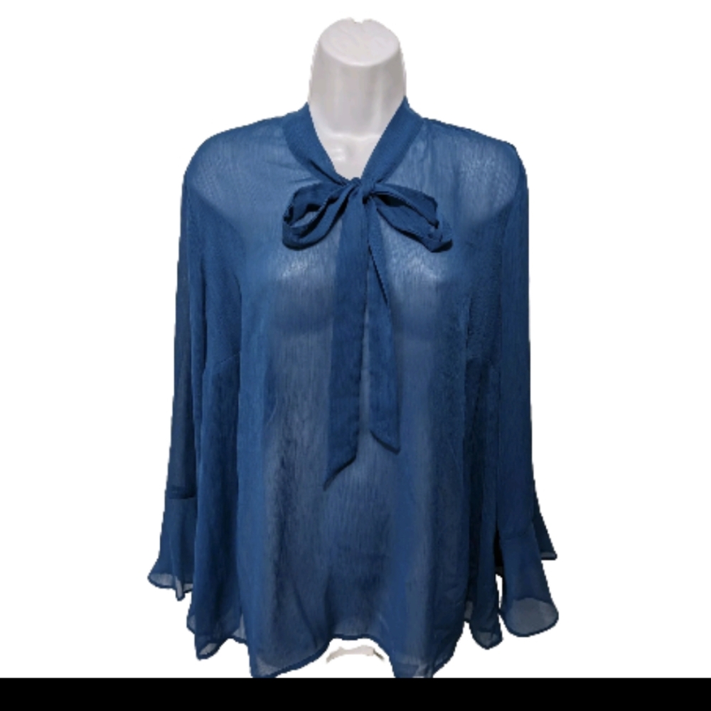 AGB Sheer Tie Neck Long Sleeve Blouse Top 1X Sheer Whimsical